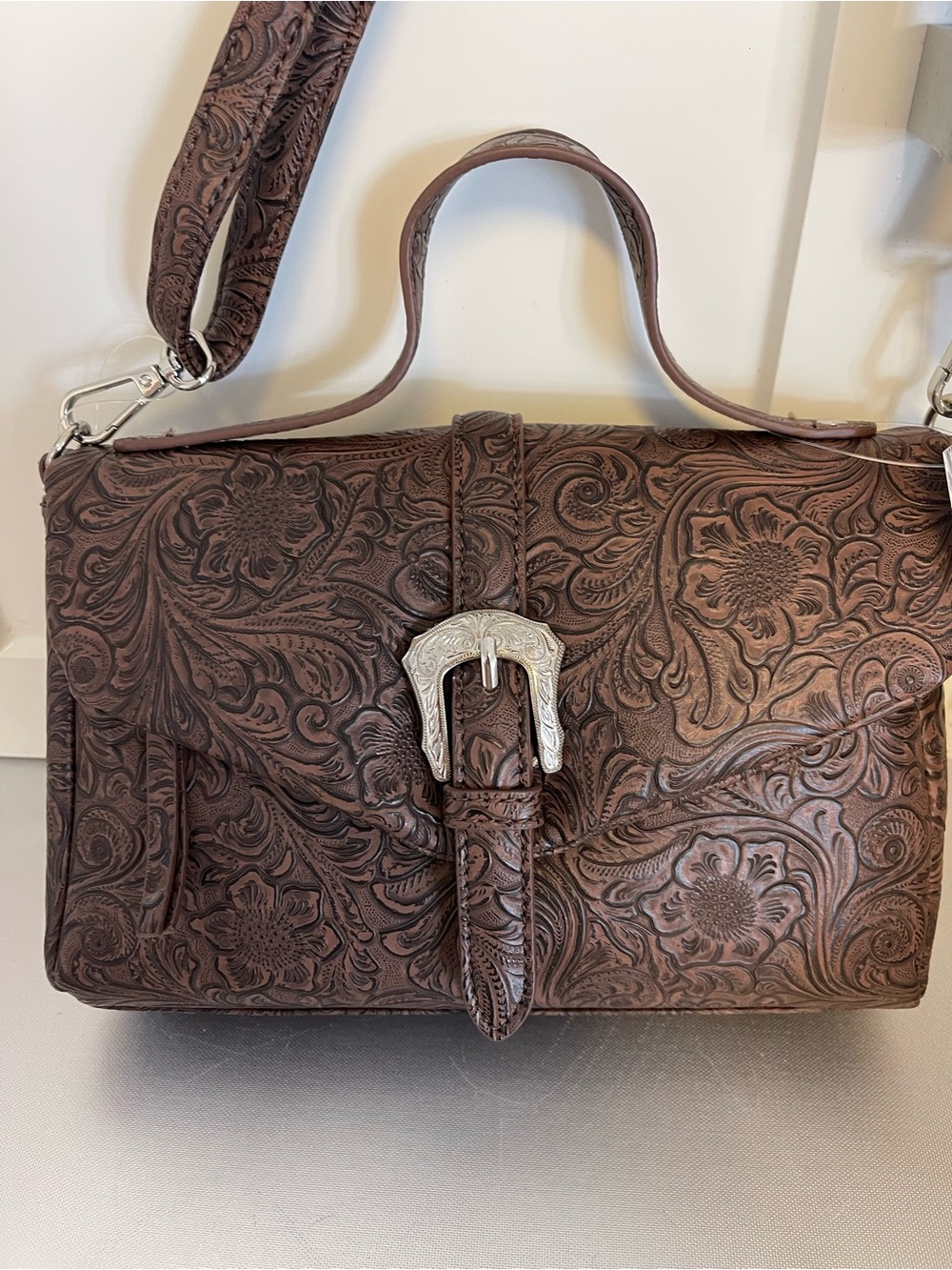 MultiSac Brown Faux Leather Women’s Crossbody Satchel with Decorative Buckle NWT